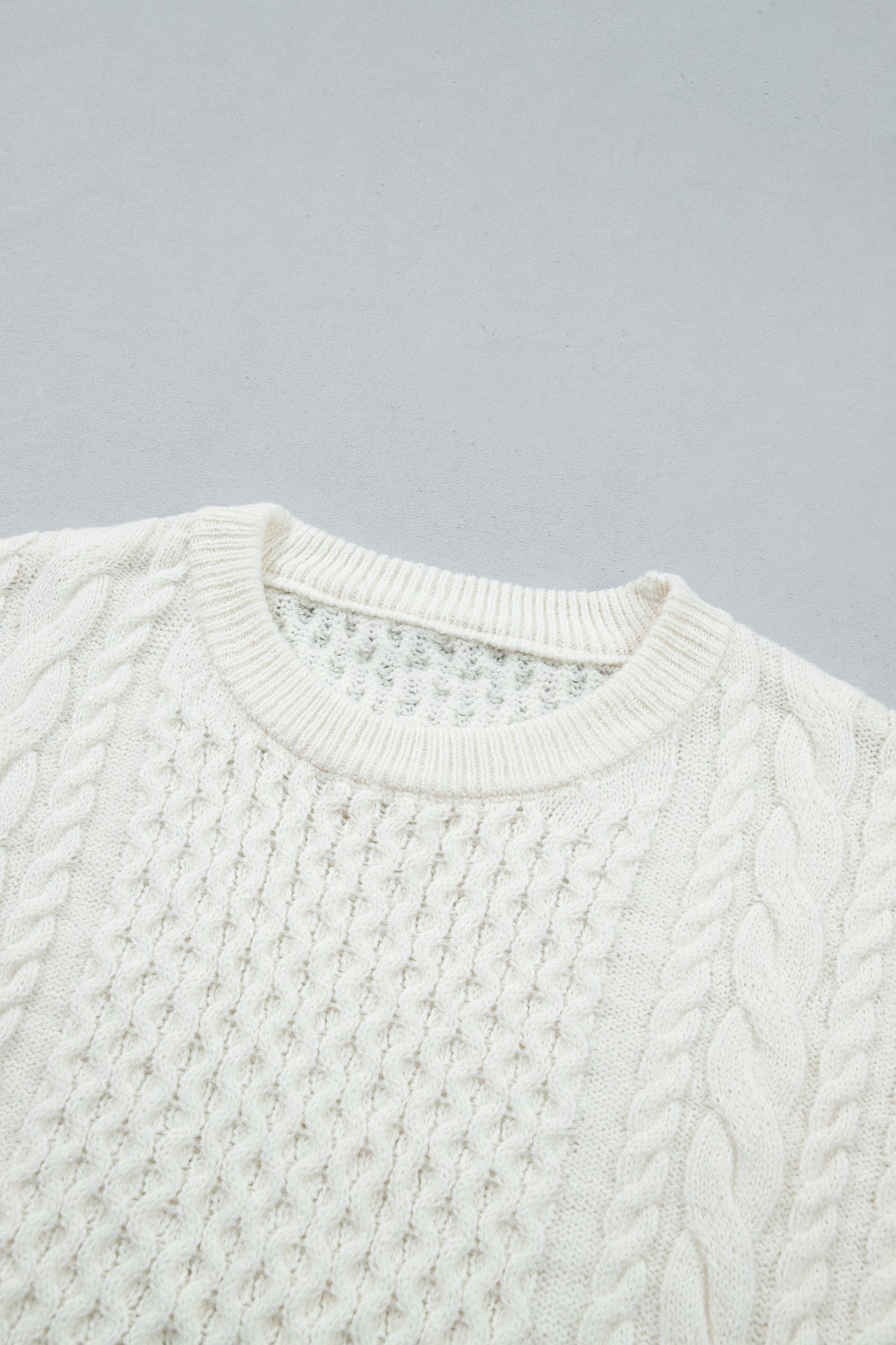 Beige Solid Color Cable Detail Knit Loose Round Neck Sweater