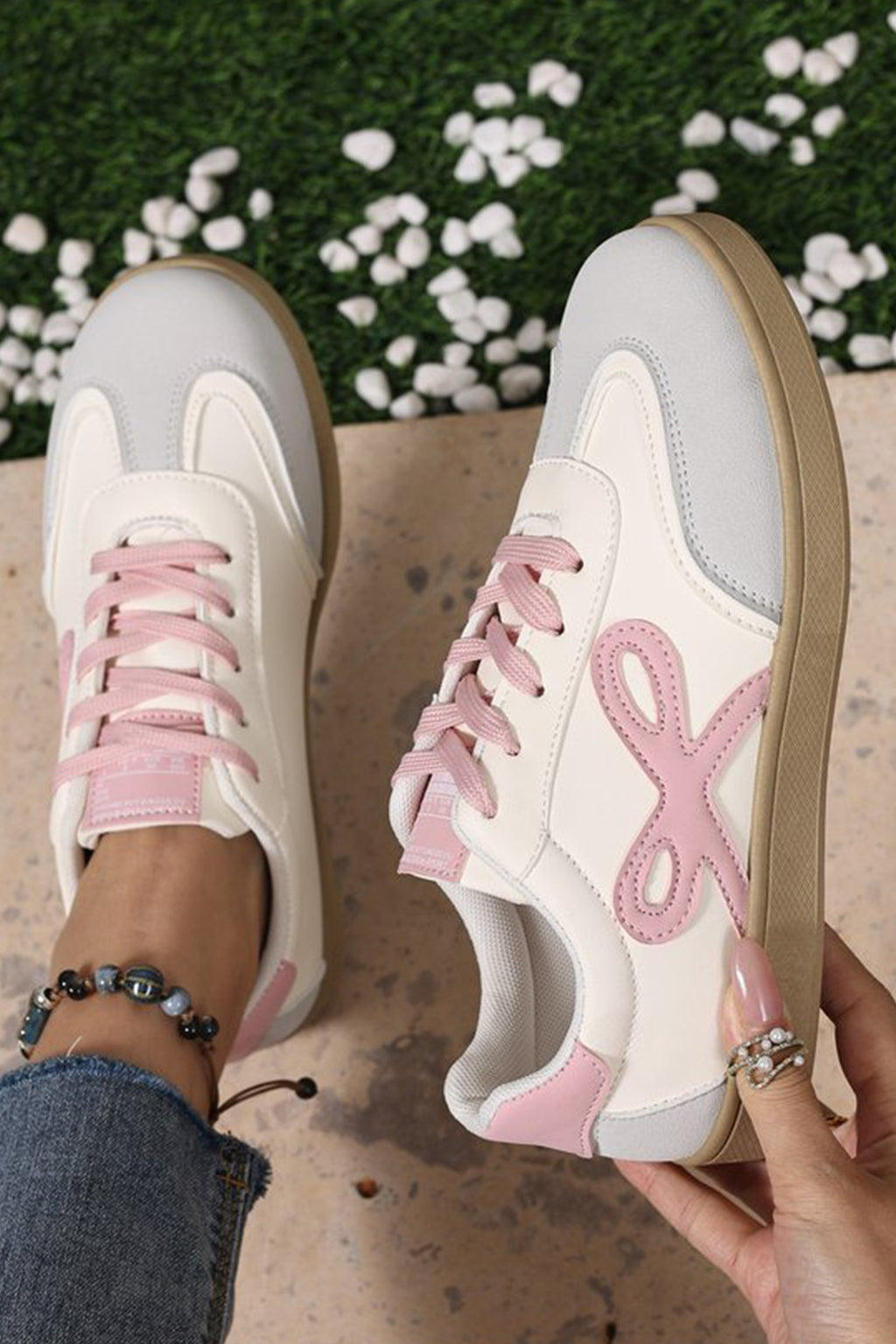Pink Cute Bow Patch Color Block PU Leather Sneakers