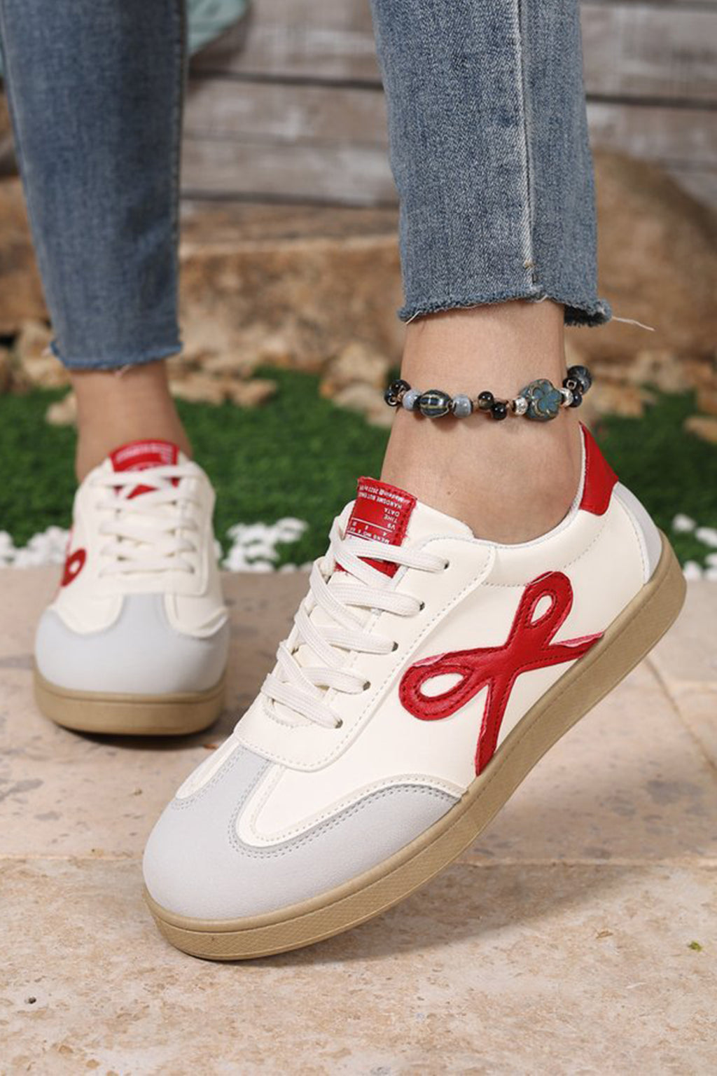 Pink Cute Bow Patch Color Block PU Leather Sneakers