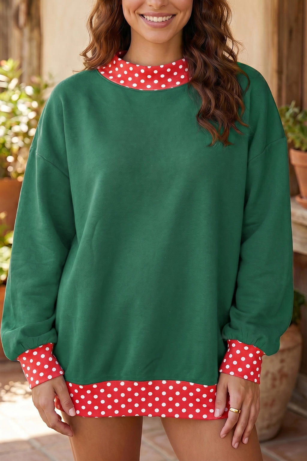 Pink Colorblock Polka Dot Contrast Trim Oversized Sweatshirt