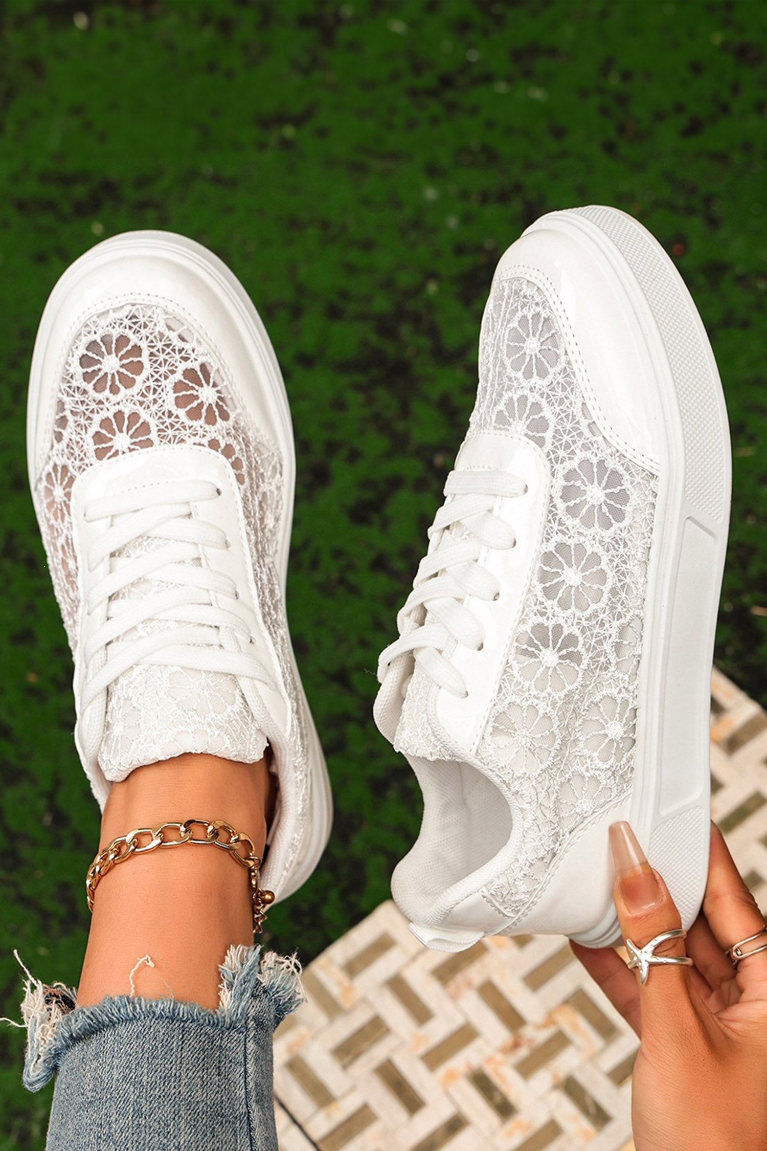 White Sheer Floral Lace Slip On Casual Sneakers
