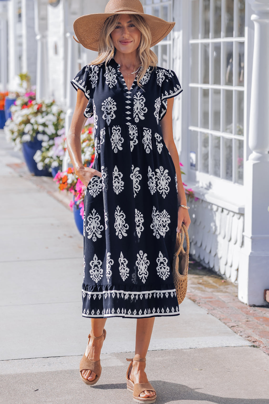 Blue Western Ethnic Print Notched Neck Short Sleeve Midi Dress