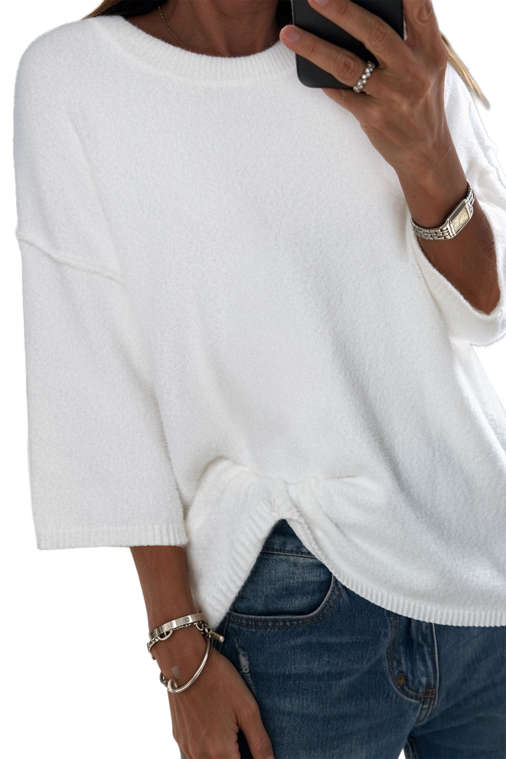 White Solid Color Knit Half Sleeve Round Neck Shift Sweater