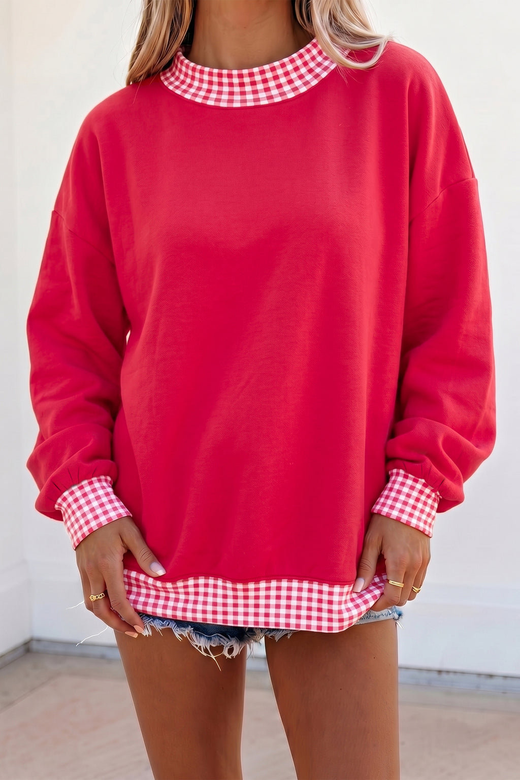 Pink Colorblock Polka Dot Contrast Trim Oversized Sweatshirt