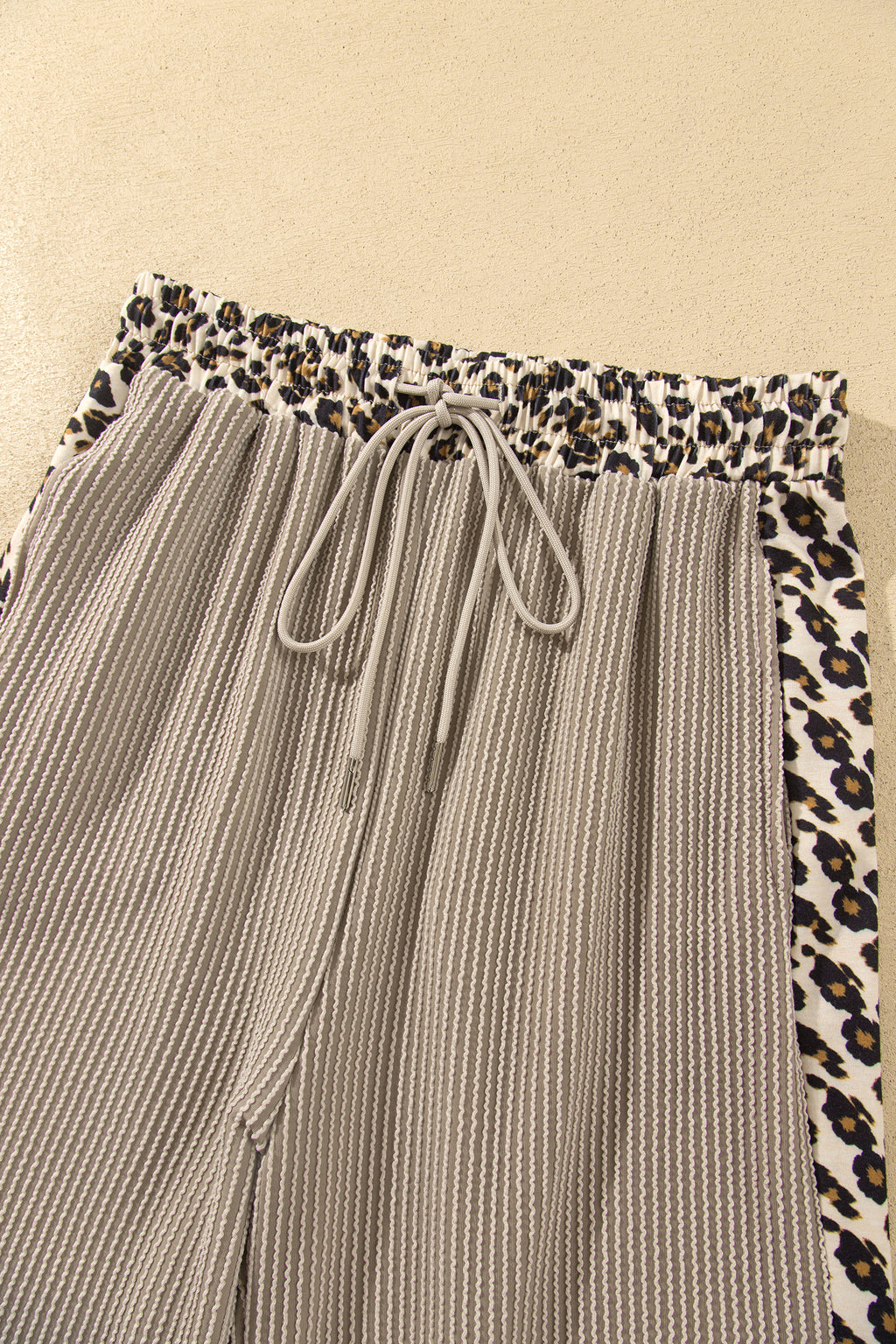 Simply Taupe Cozy Ribbed Patchwork Leopard Trim Long Sleeve 2pcs Pant Set