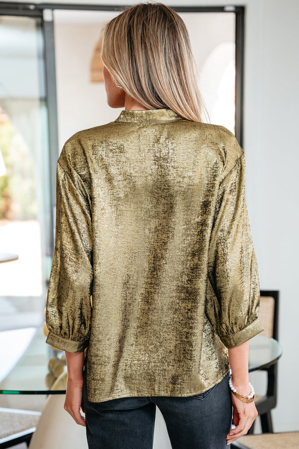 Gold Metallic Split Neck Half Sleeve Blouse