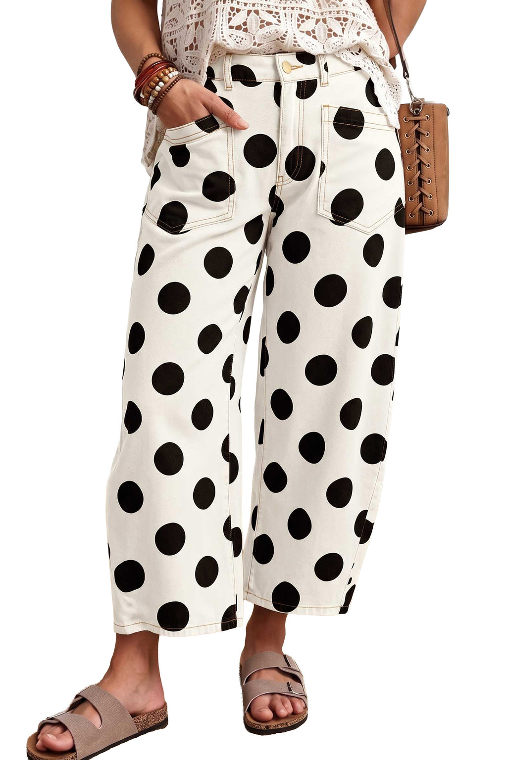 White Polka Dot Ankle-Length Barrel Jeans