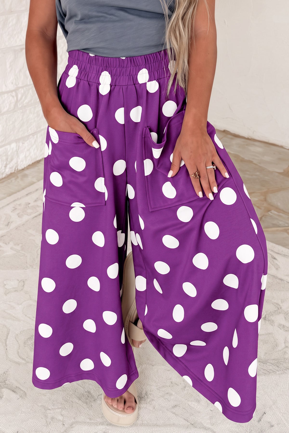 Black Polka Dot Wide Leg Elastic Waist Casual Pants