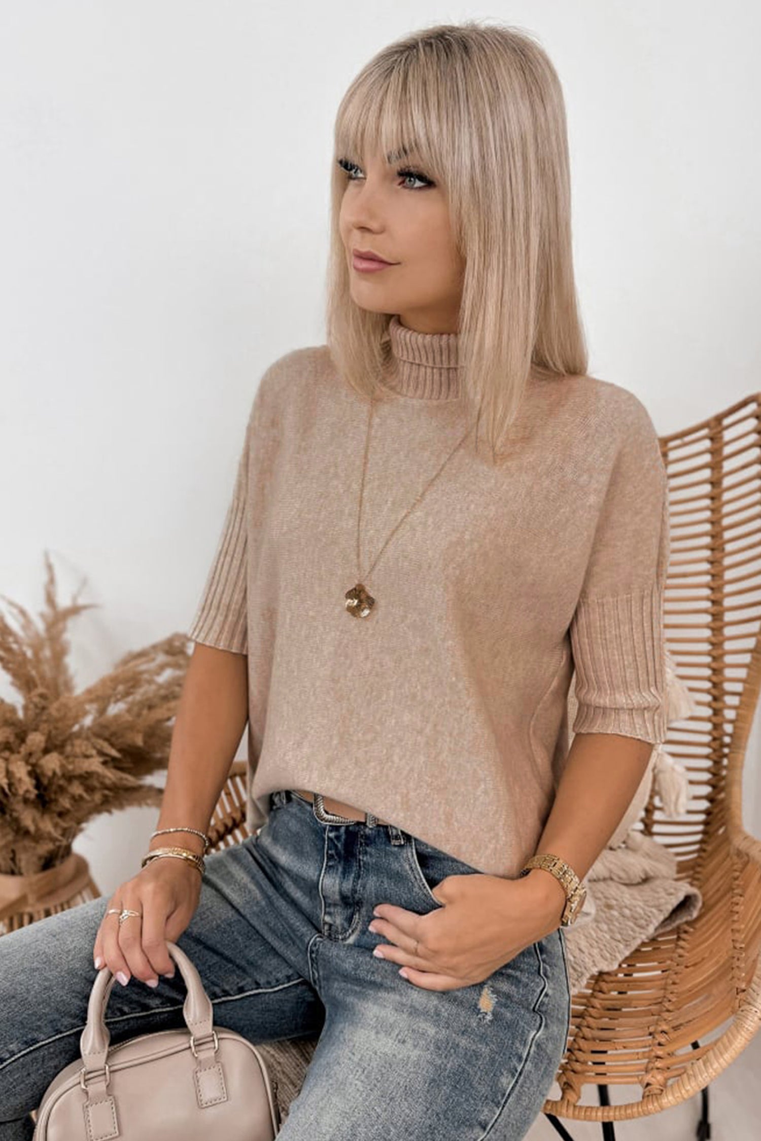 Beige High Neck Short Sleeve Knit Top Regular Wash Casual Style Sweater