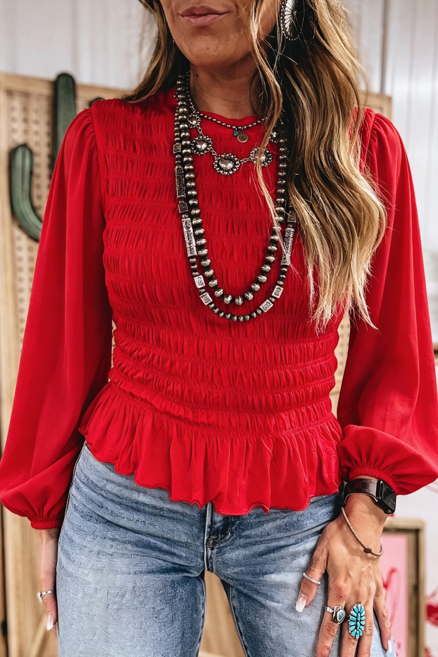Racing Red Solid Color Smocked Ruffle Hem Long Sleeve Blouse