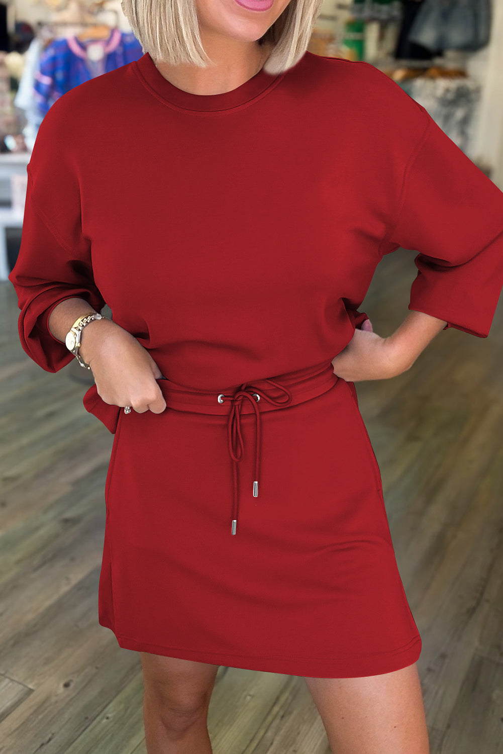 Coffee solid color drop shoulder pullover drawstring mini skirt 2pcs outfit