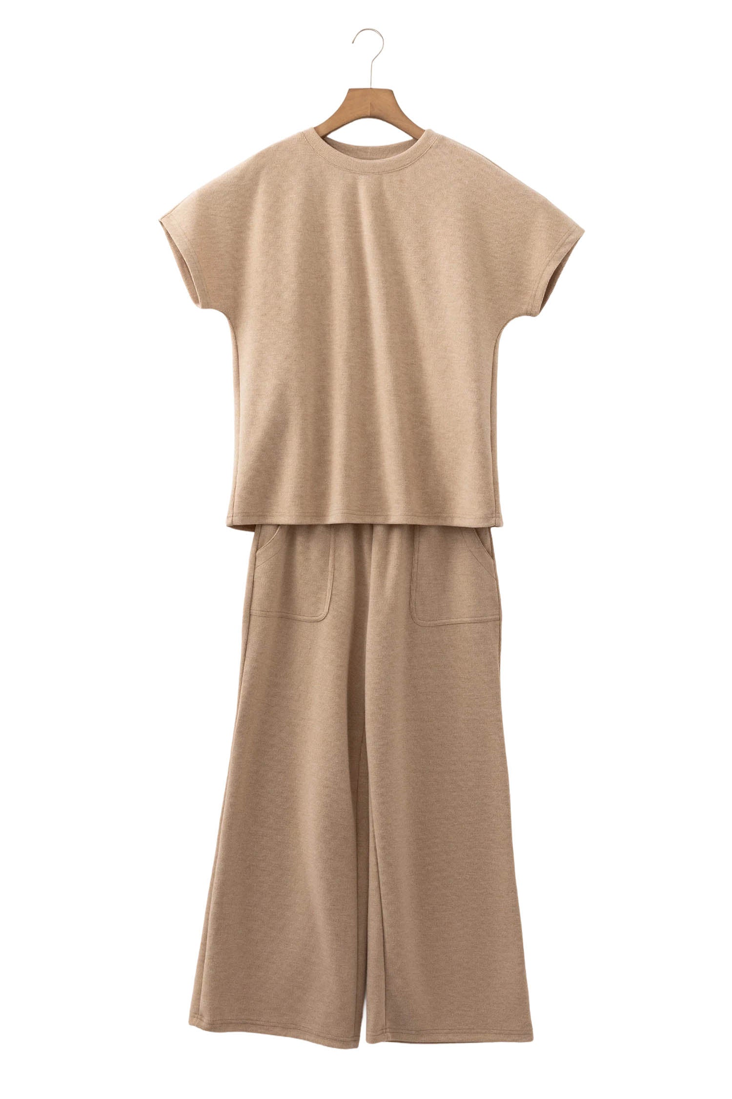 Light French Beige Short Sleeve Ribbed Top Wide Leg Pants Two Piece Set