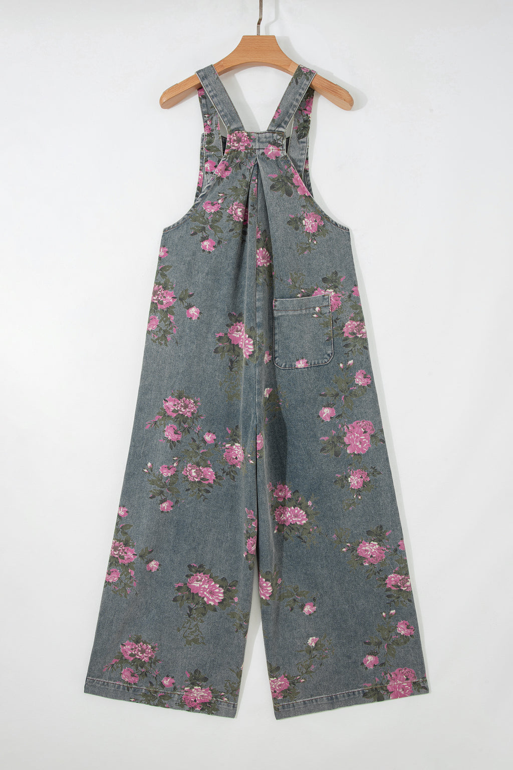 Blue Beau Floral Print Pleated High Waist Wide Leg Denim Jumpsuit