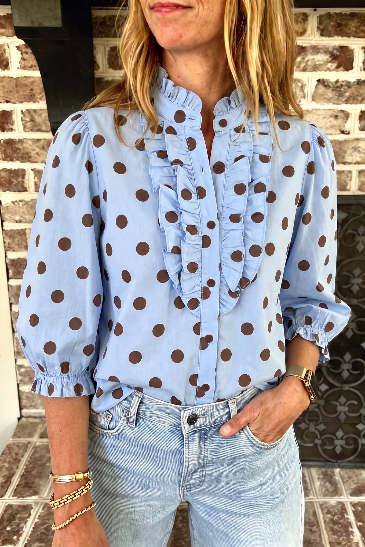 Black white Polka Dot Striped Print Ruffle Stand Neck 3/4 Sleeve Shift Shirt