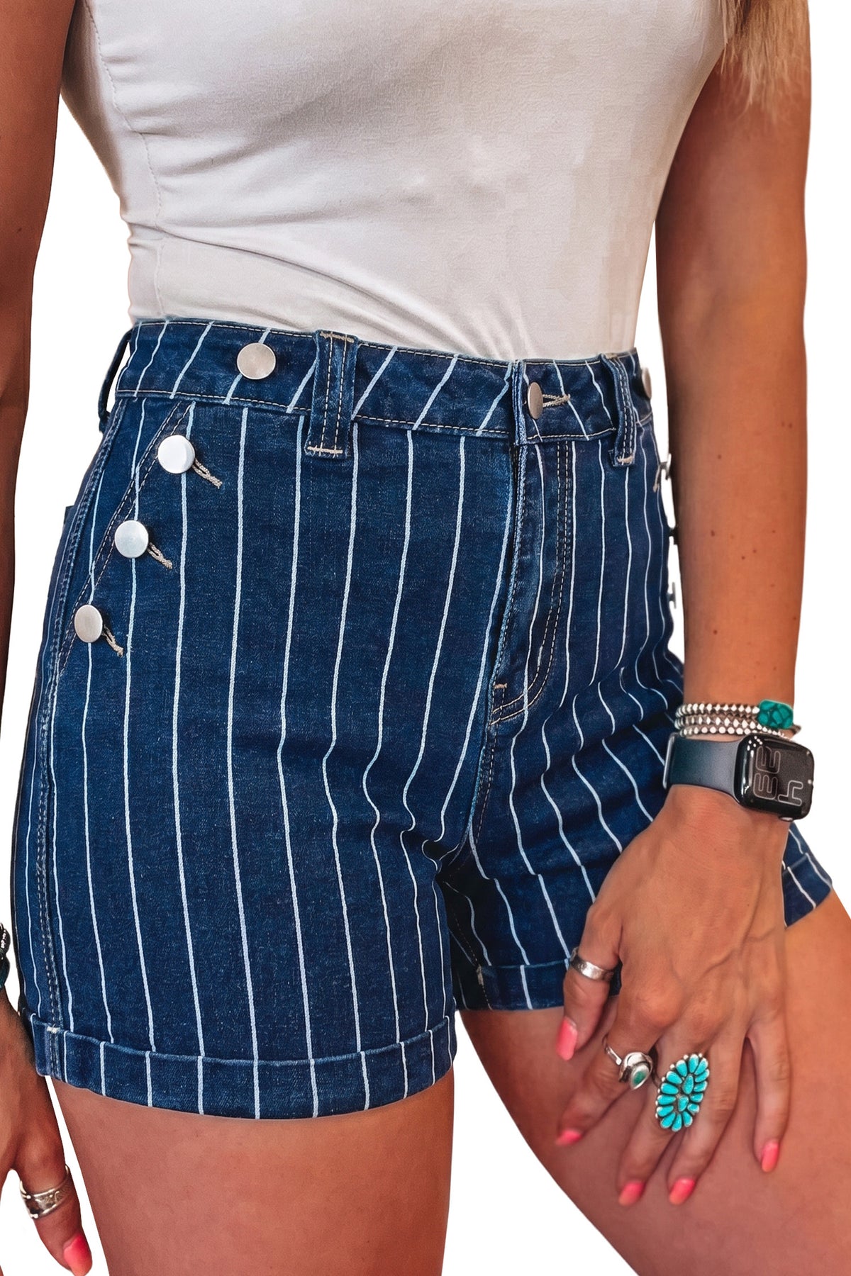 Blue Stripe Metal Button Detail Denim Shorts