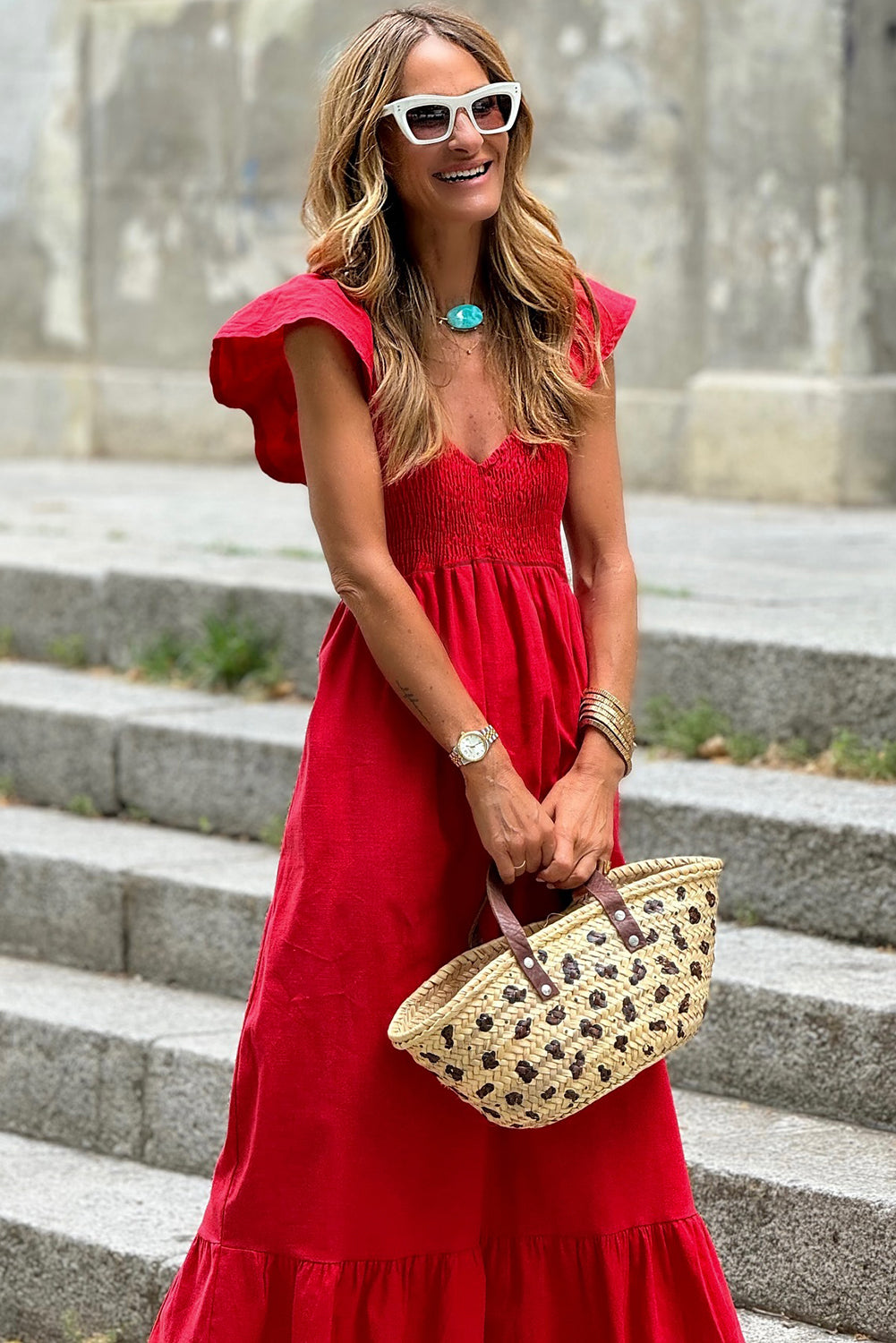 Pink V Neck Flutter Sleeve Smocked Bodice High Waist Ruffle Maxi Dress