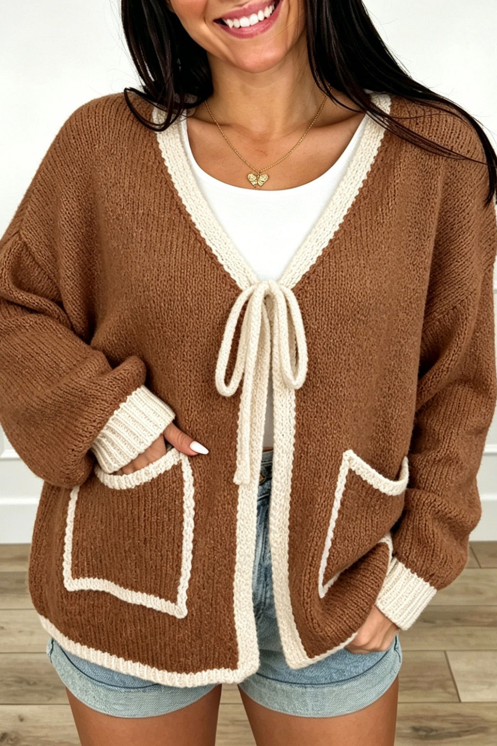 Apricot Contrast Trim V-Neck Tie Front Loose Sweater Cardigan