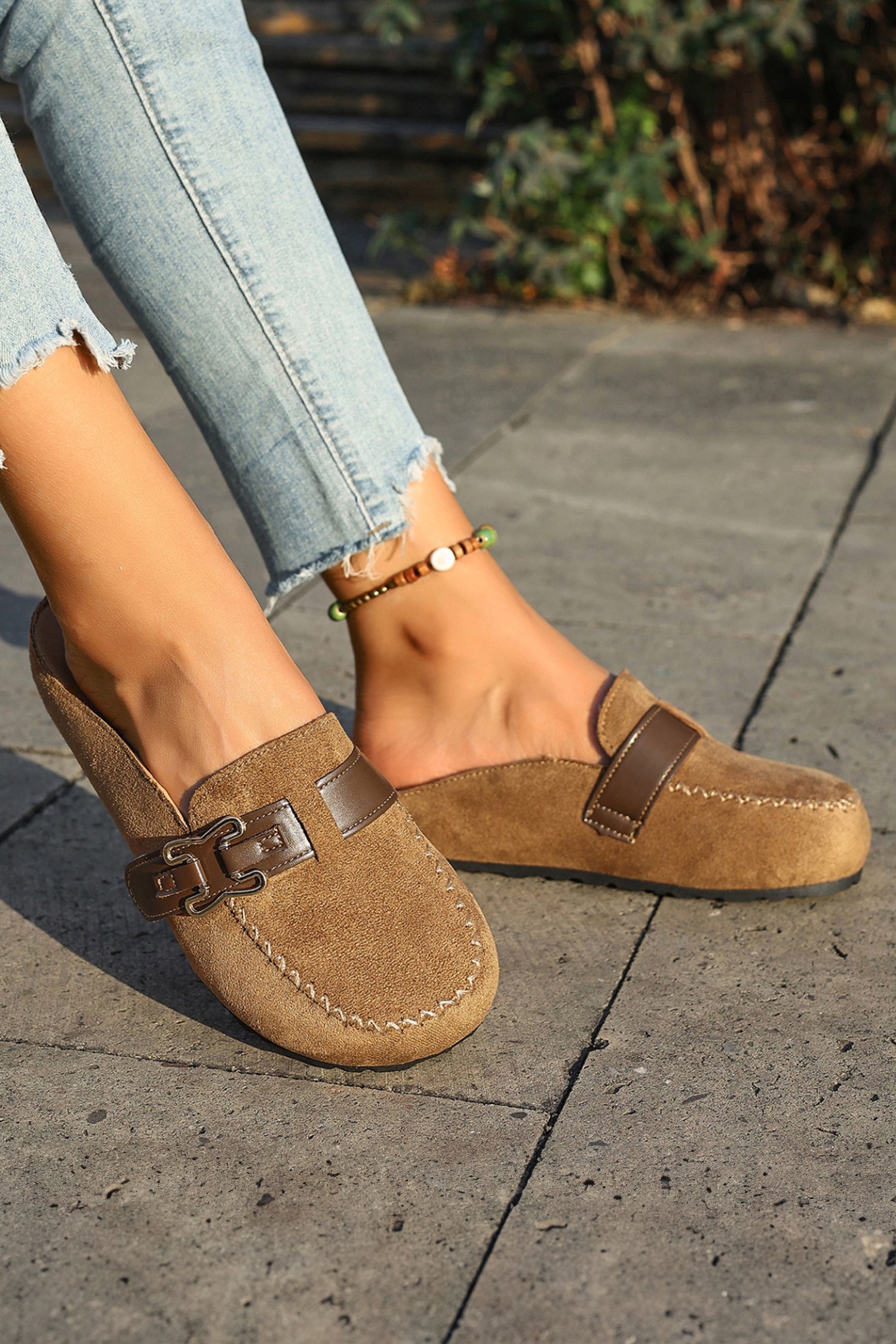 Coffee Faux Suede Cute Buckle PU Leather Strap Mule Slippers