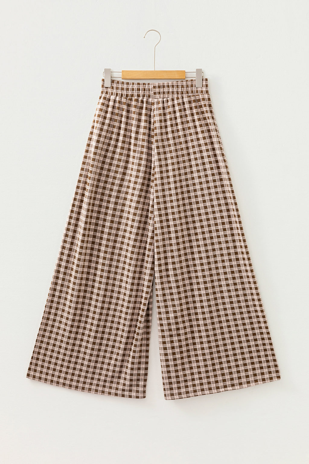 Khaki Plaid Elastic Waist Patch Pocket Wide Leg Pants