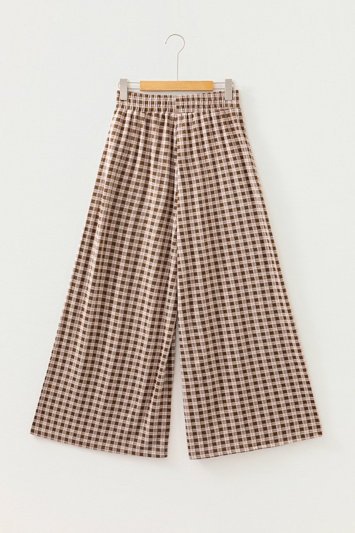 Khaki Plaid Elastic Waist Patch Pocket Wide Leg Pants