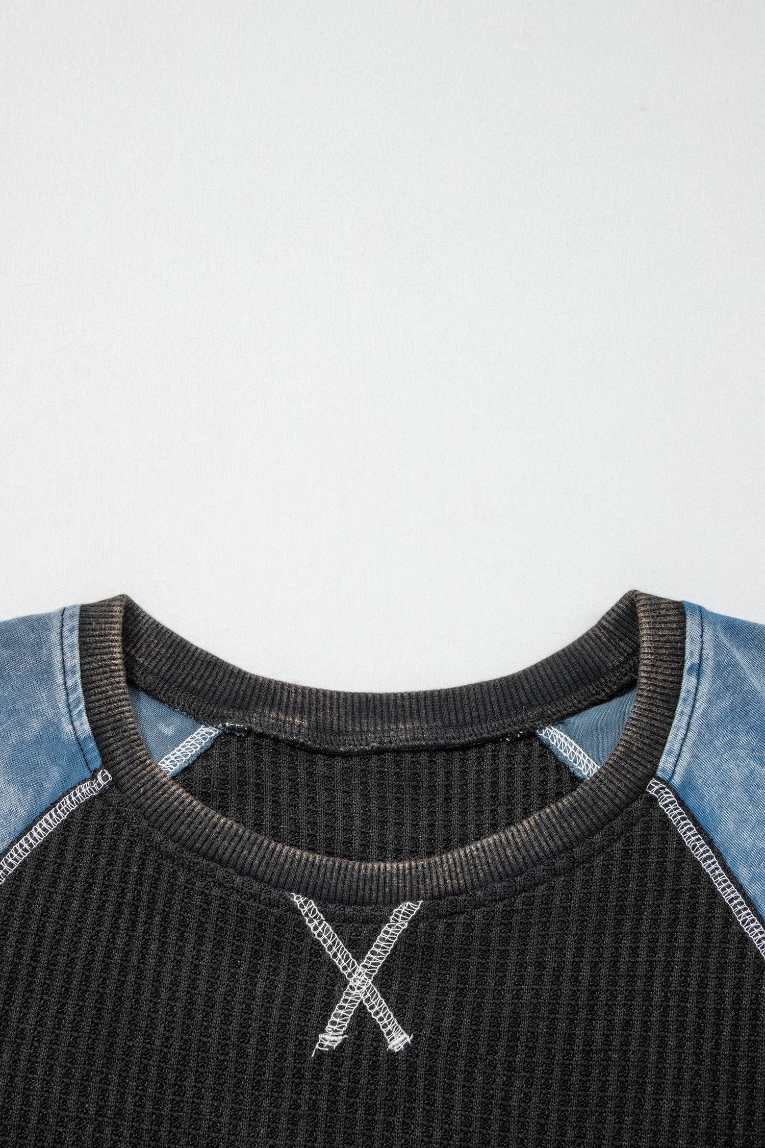 Laurel Green Waffle Knit Seam Detail Color Block Patchwork Short Sleeve Top