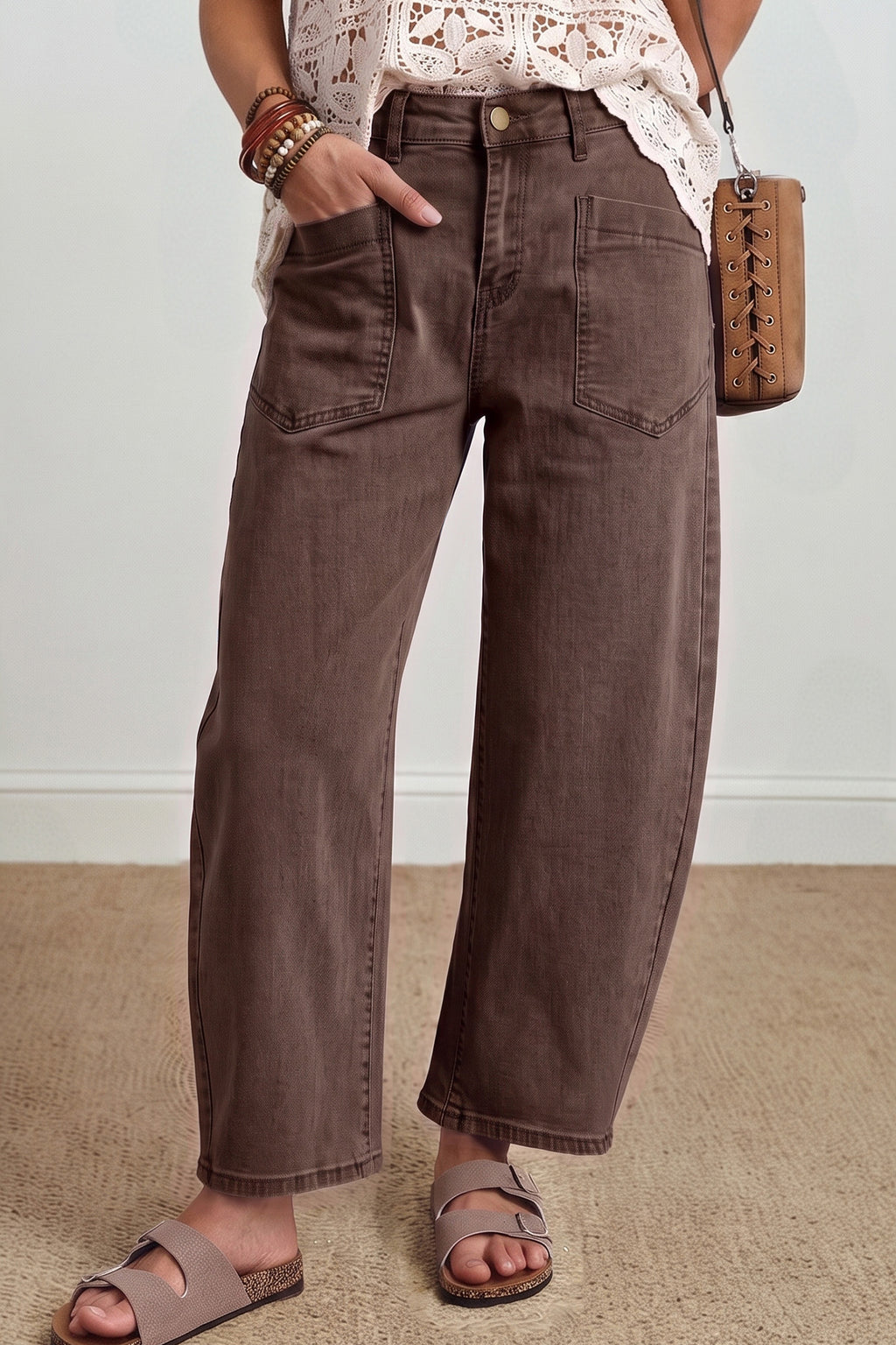 Four Leaf Clover Solid Color Square Patch Pocket Ankle-length Barrel Jeans