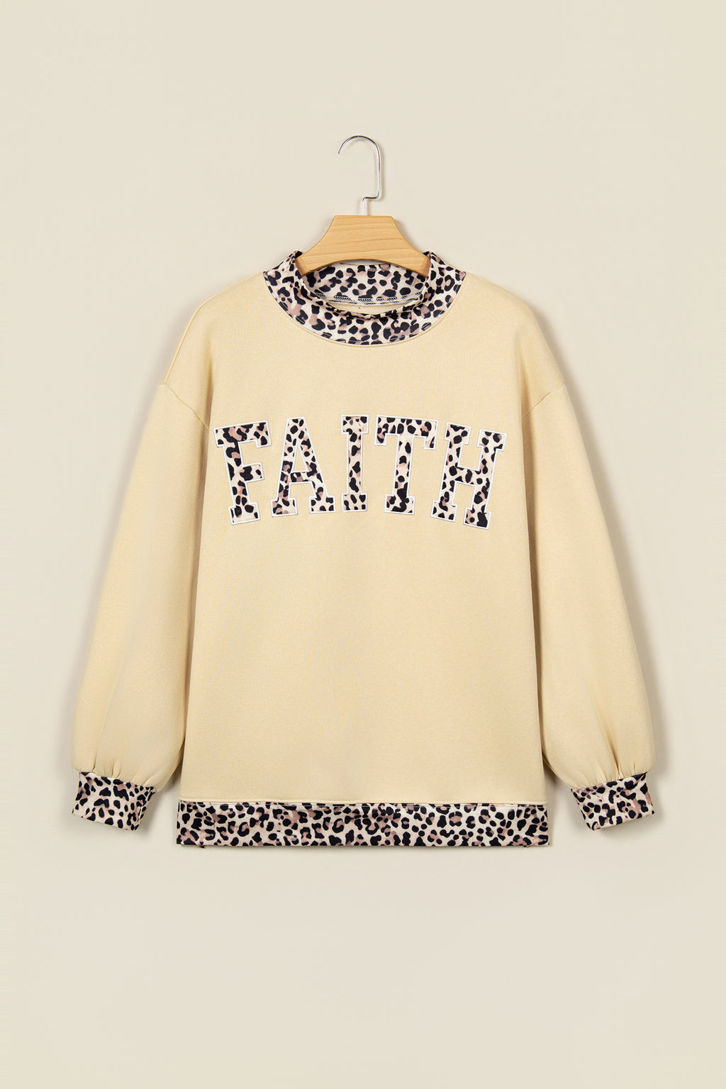 Parchment Leopard Trim High Neck FAITH Letter Graphic Baggy Sweatshirt