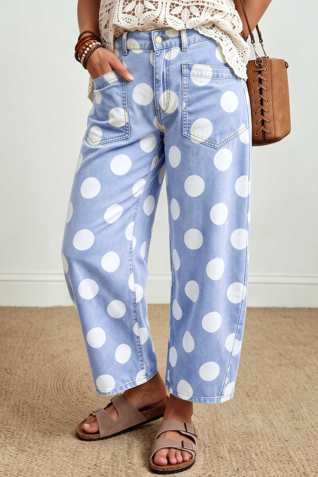 White Polka Dot Ankle-Length Barrel Jeans