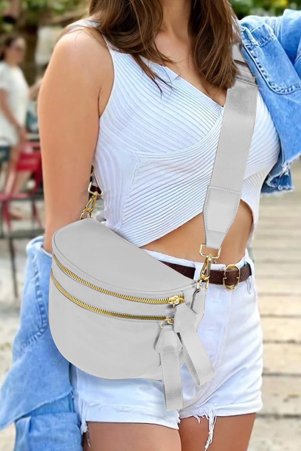 Pink Double Zip Crescent Shape Adjustable Sling Bag