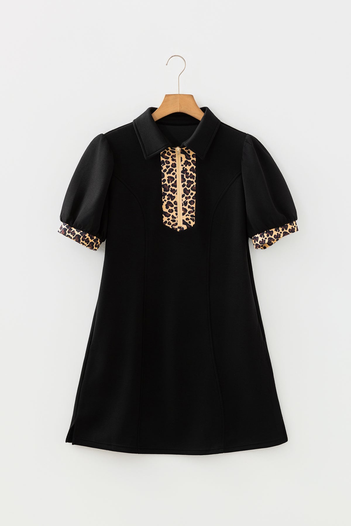Black Leopard Patchwork Zip Collared Short Puff Sleeve Shift Mini Dress