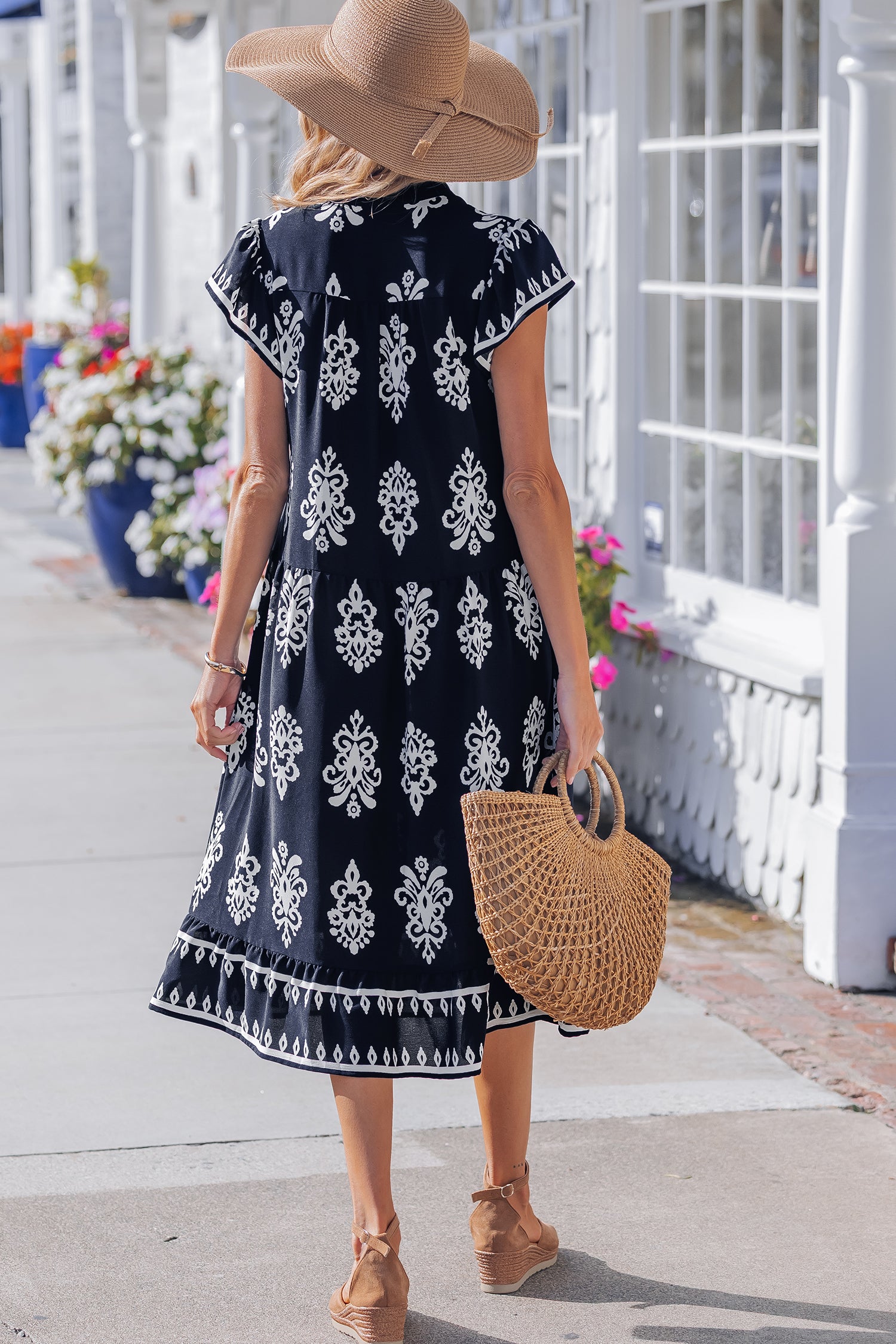 Blue Western Ethnic Print Notched Neck Short Sleeve Midi Dress