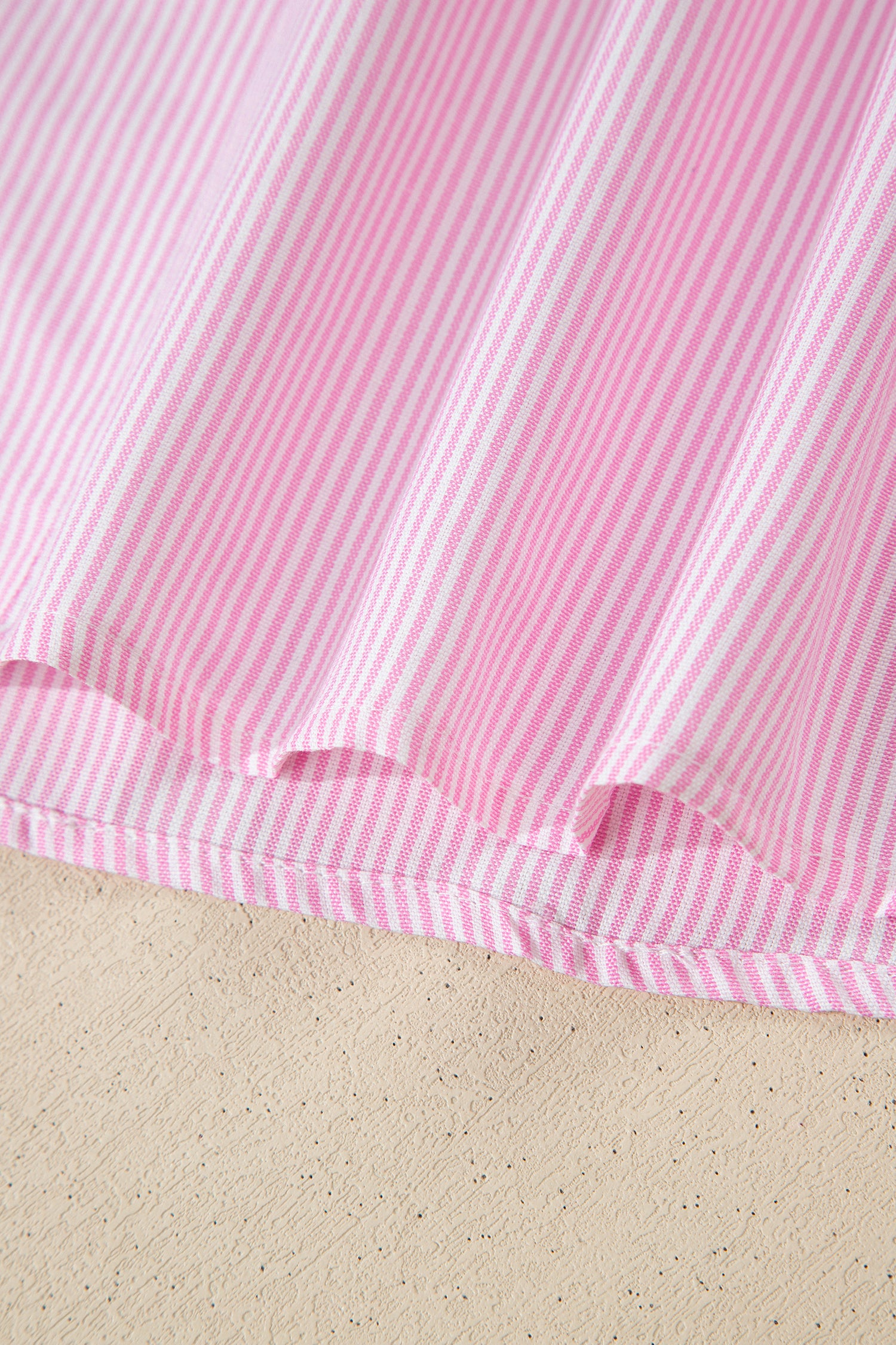 Pink Striped Print Collared Split Neck Half Sleeve Blouse