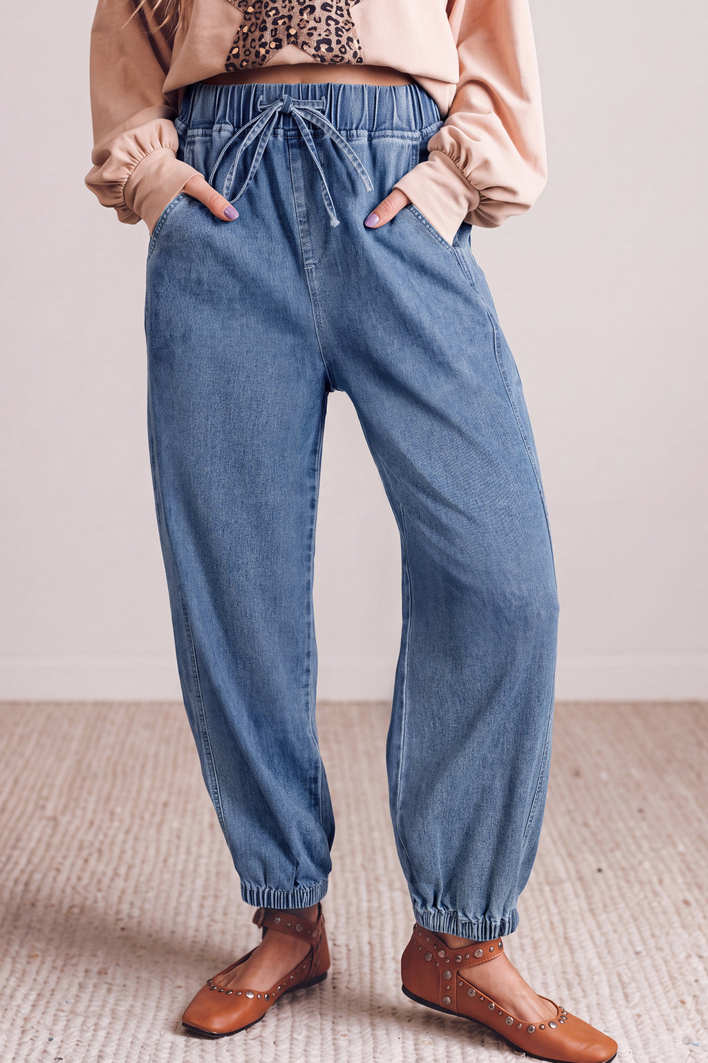 Dusk Blue Elastic Waist Harem Ankle Length Jeans
