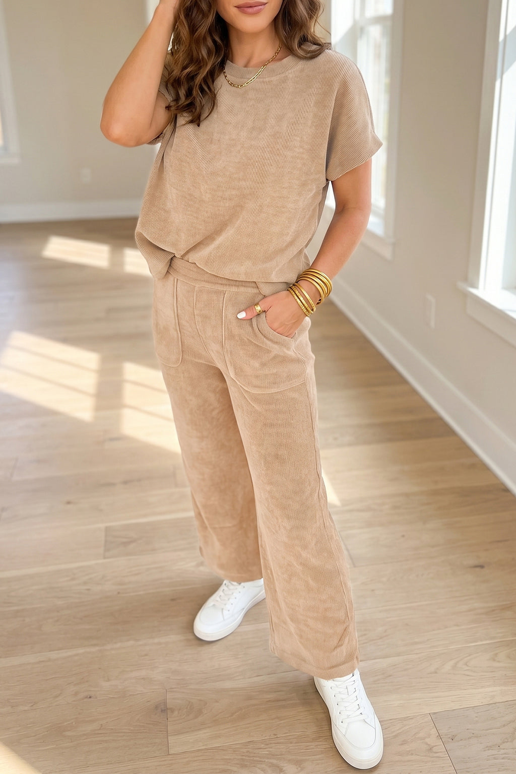 Light French Beige Short Sleeve Ribbed Top Wide Leg Pants Two Piece Set
