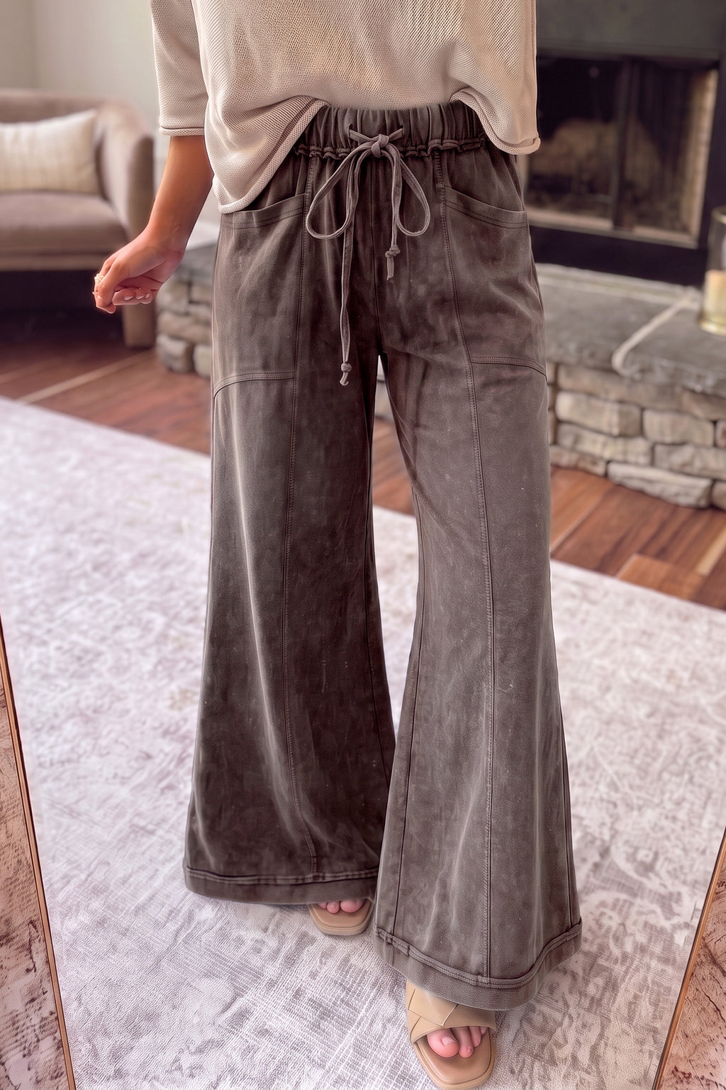 Coffee Mineral Wash Seam Detail Flare Leg Drawstring Pants
