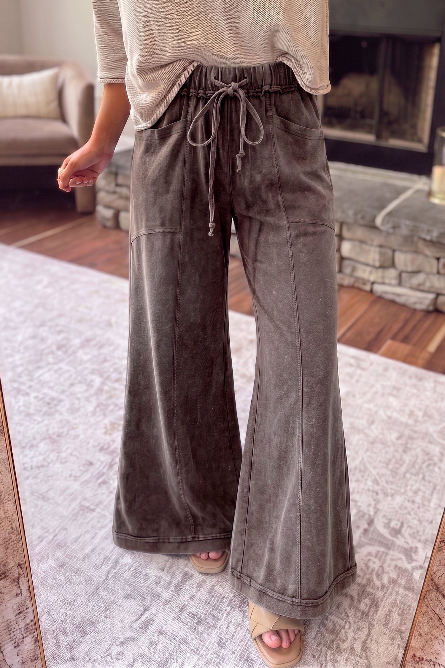 Coffee Mineral Wash Seam Detail Flare Leg Drawstring Pants
