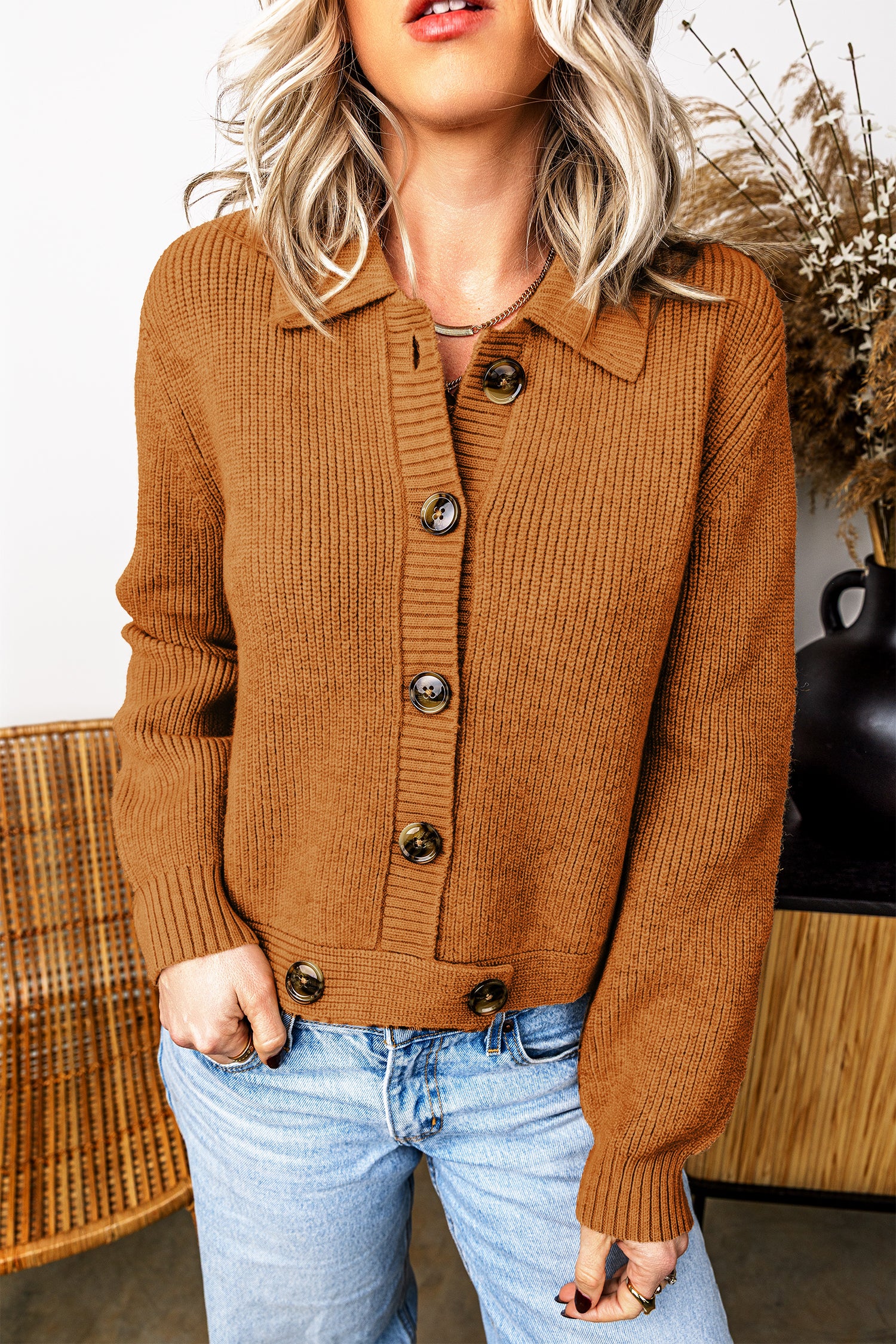 Mustard Ribbed Knit Collar Button Front Long Sleeve Cardigan