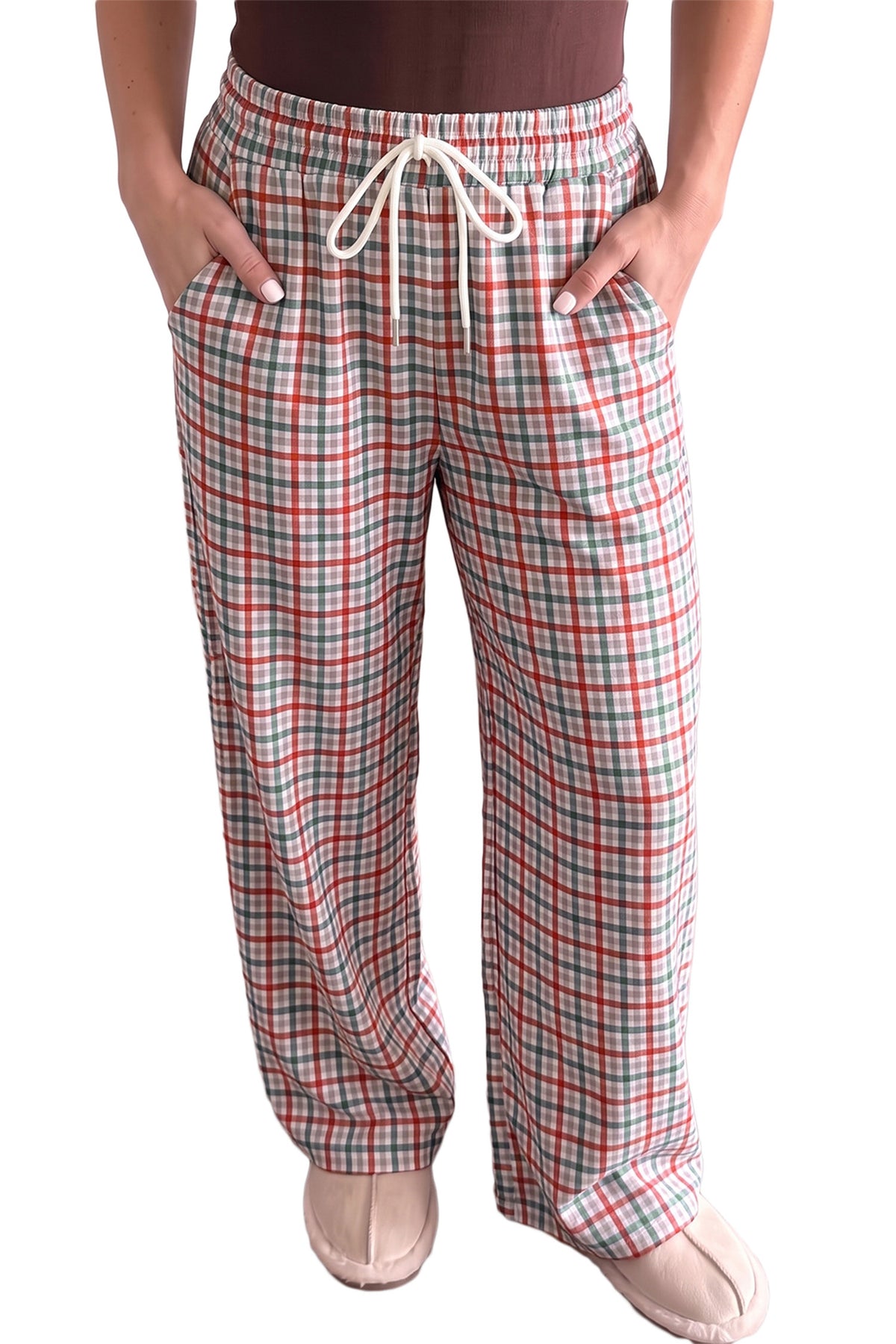 Multicolour Festive Plaid Drawstring Elastic Waist Pants
