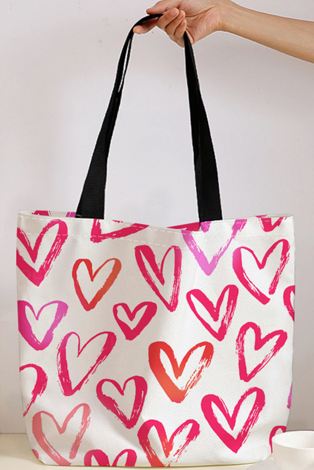 Bright Pink Heart Shape Print Canvas Large Tote Bag