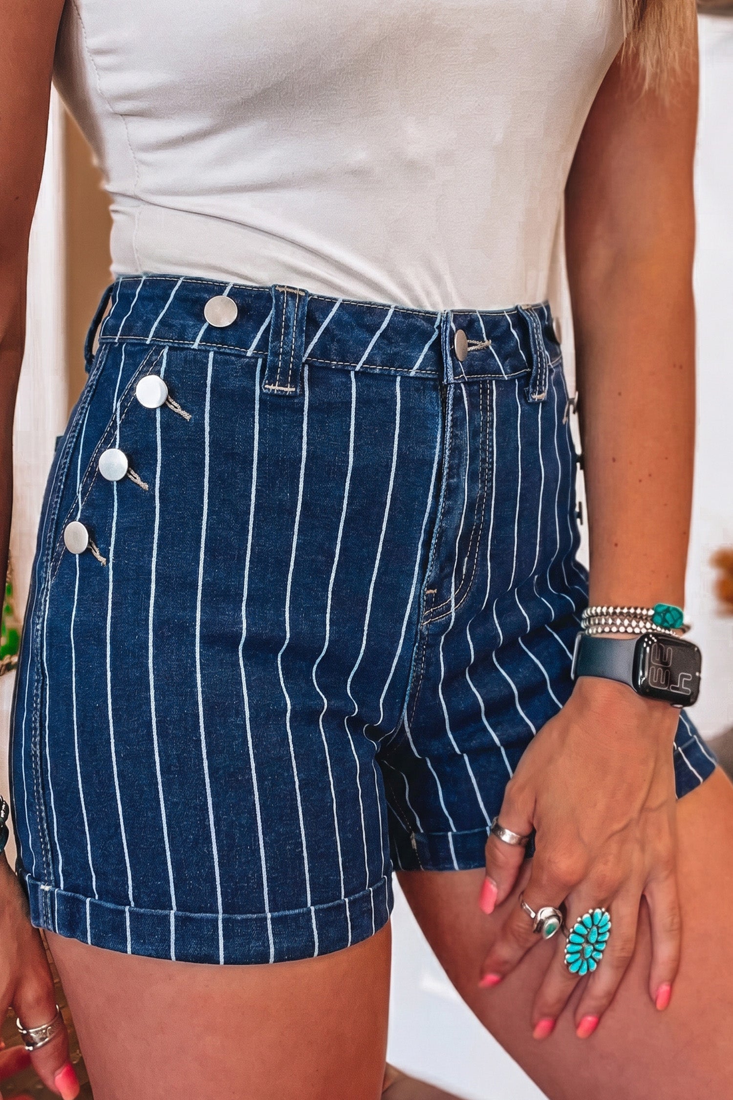 Blue Stripe Metal Button Detail Denim Shorts