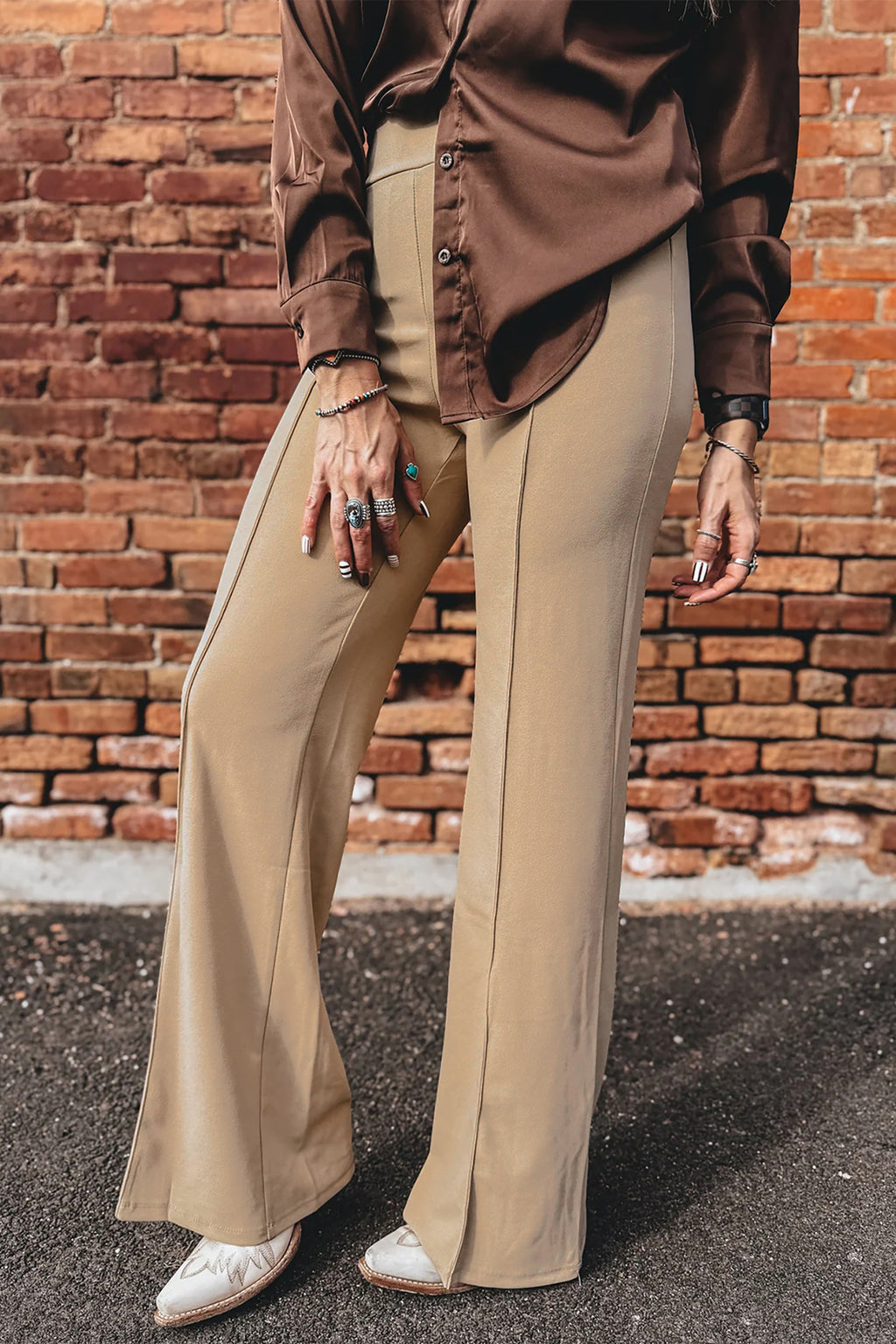Parchment High Waist Full Length Regular Fit Pants