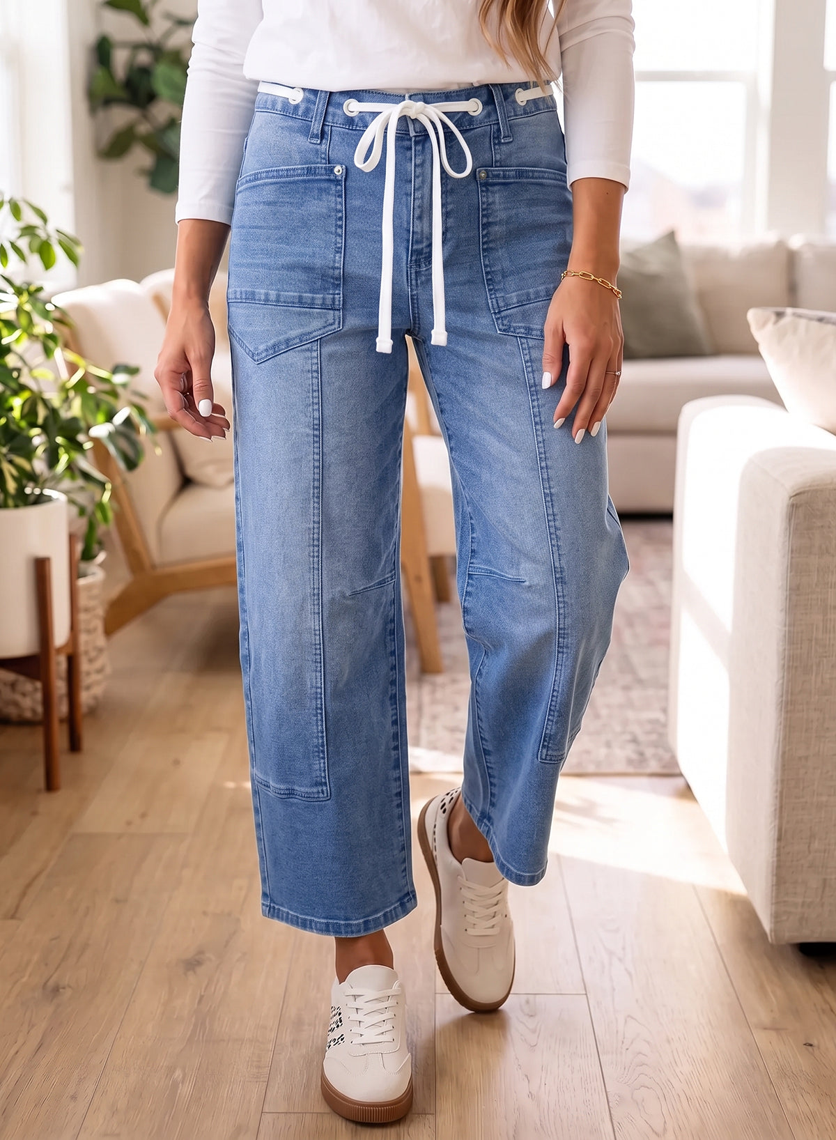 Beau Blue Solid Patchwork Grommet Tie Waist Loose Ankle-Length Jeans