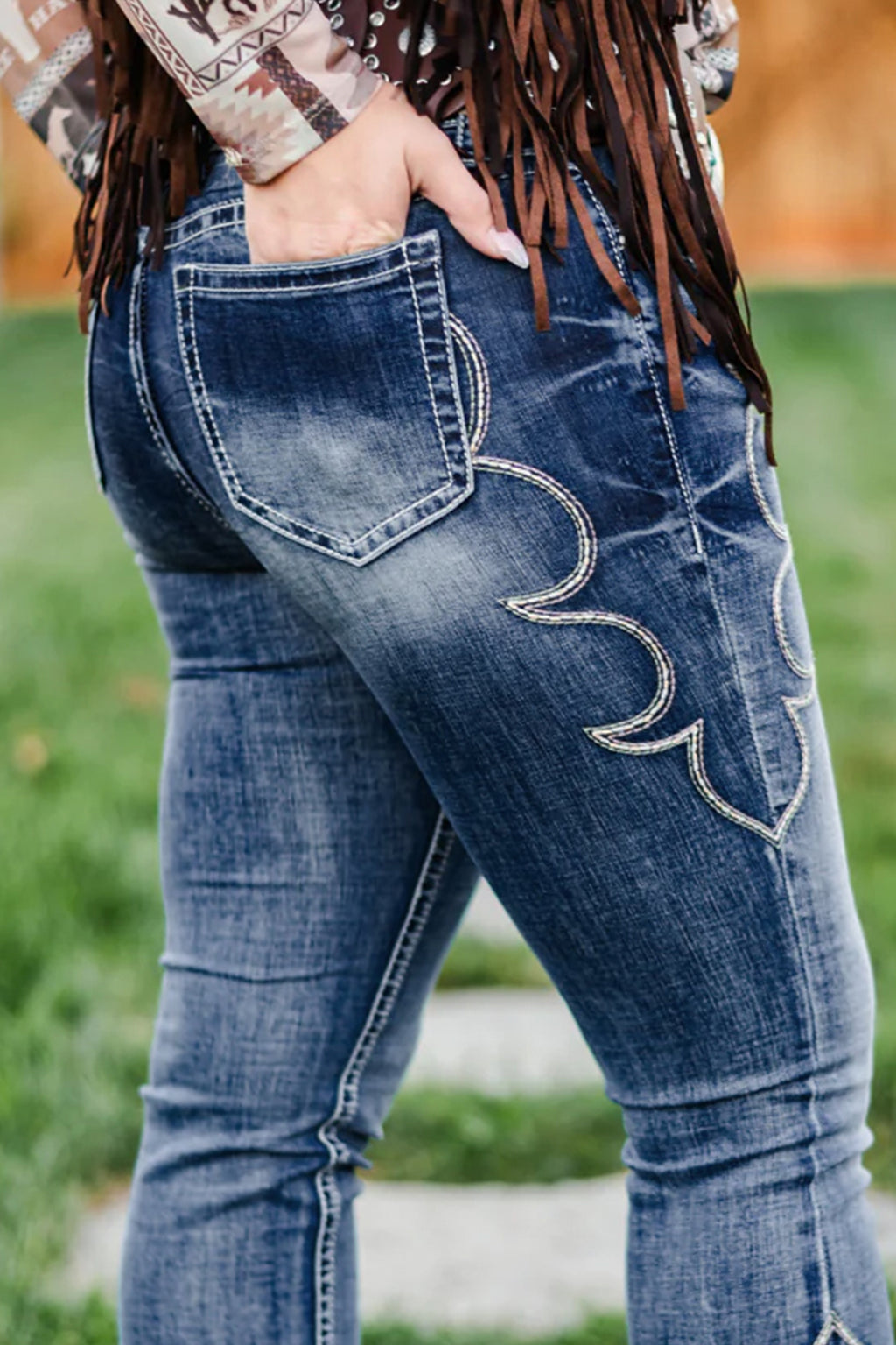 Blue Western Embroidered Flare Full Length Jeans