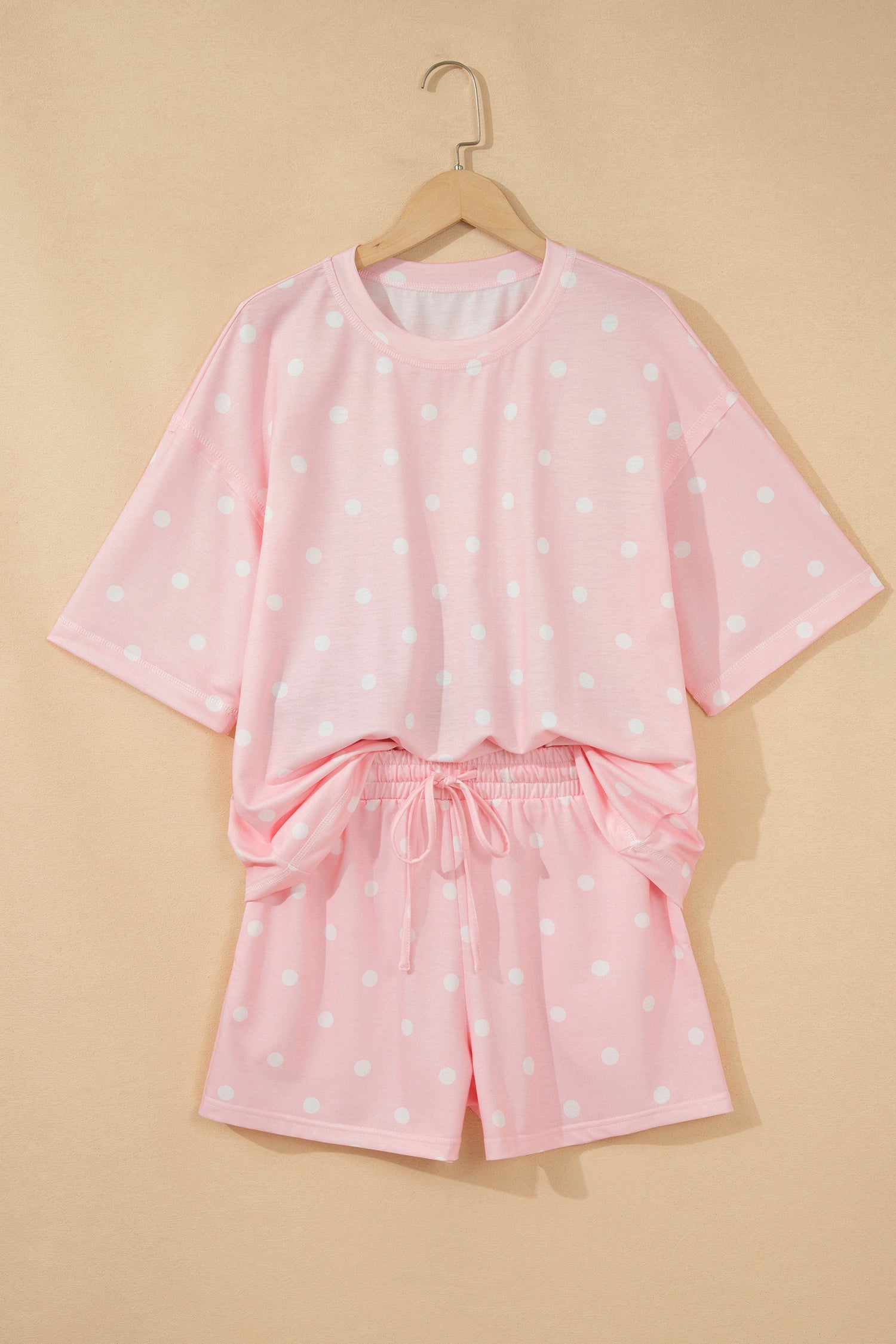White Exposed Seam Detail Polka Dot Loose Tee Drawstring Shorts Set