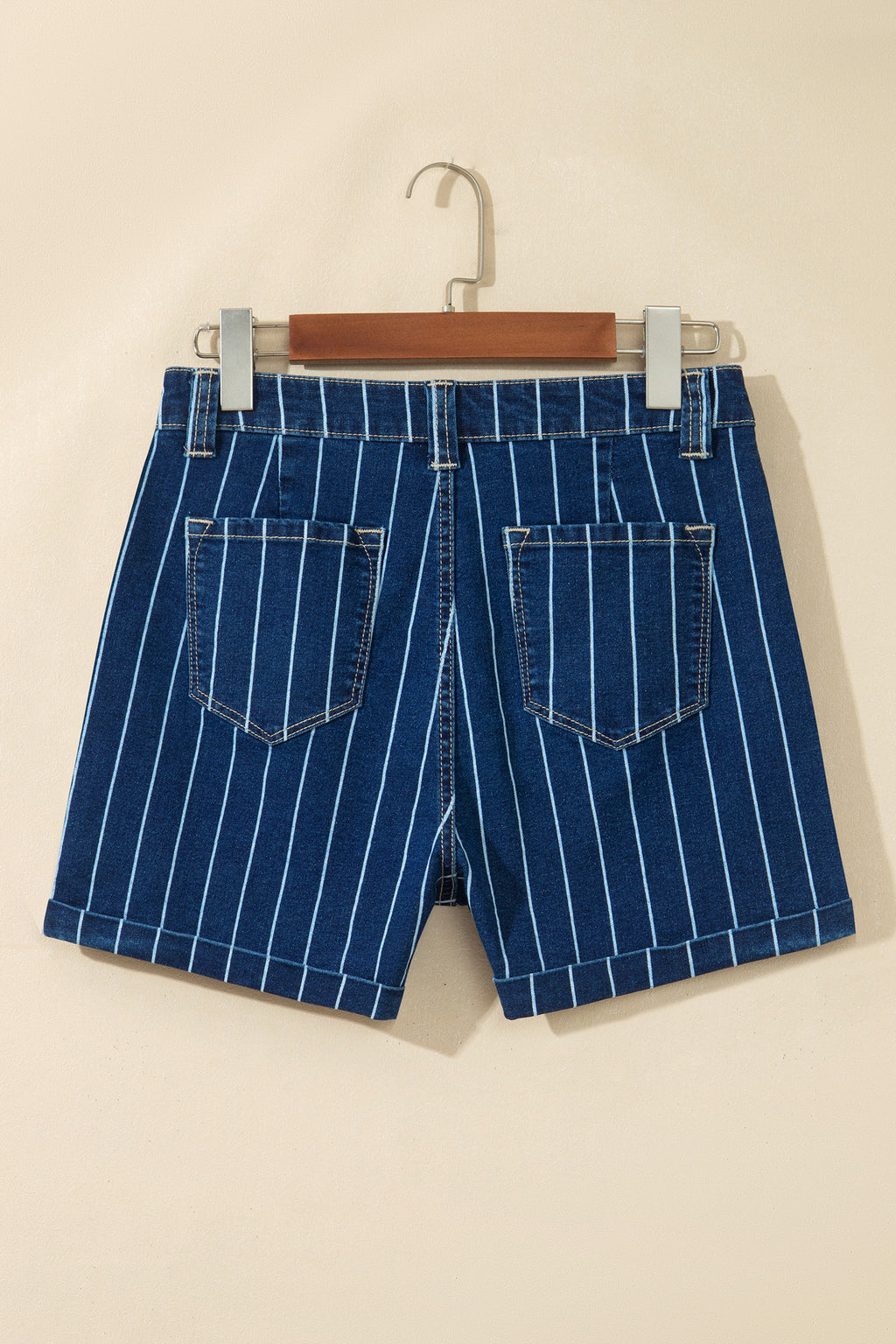 Blue Stripe Metal Button Detail Denim Shorts