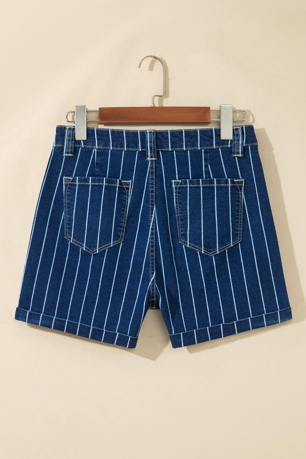Blue Stripe Metal Button Detail Denim Shorts