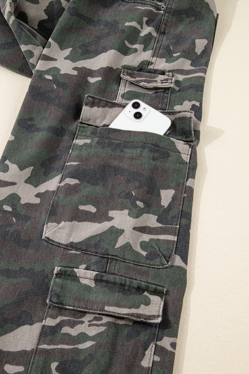 Green Camo Denim Cargo Wide Leg Pants