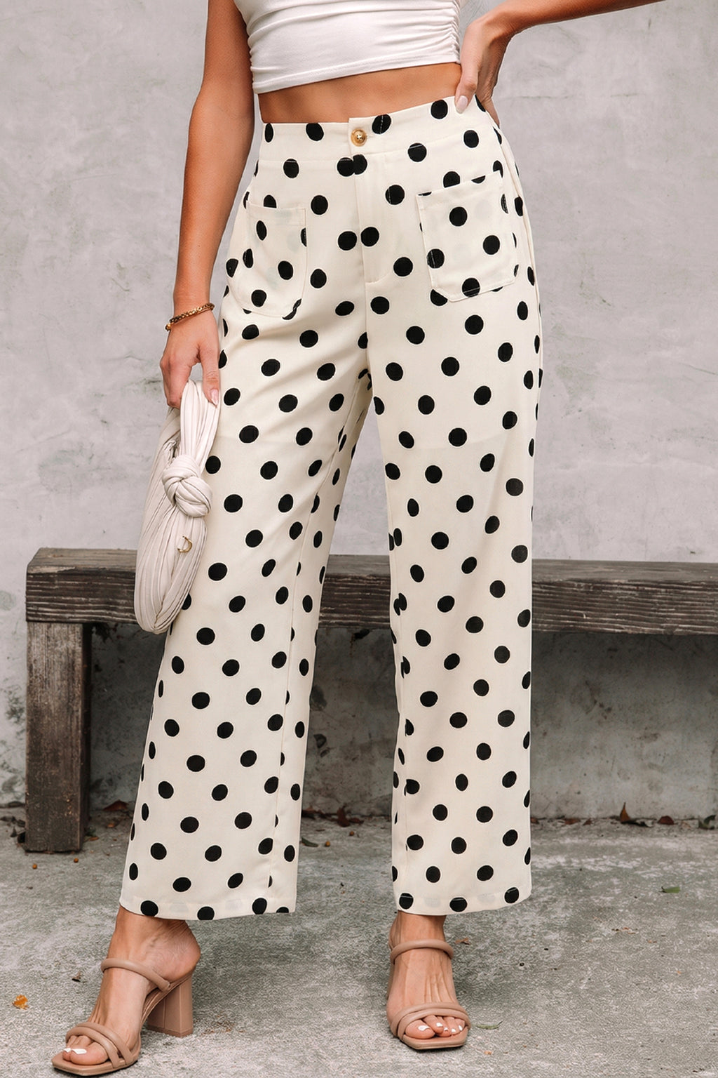Black Polka Dot Print Patched Pocket Mid-rise Straight Leg Pants