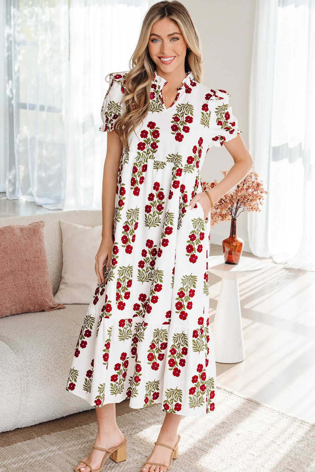 Black Floral Short Bubble Sleeve Tiered Maxi Dress