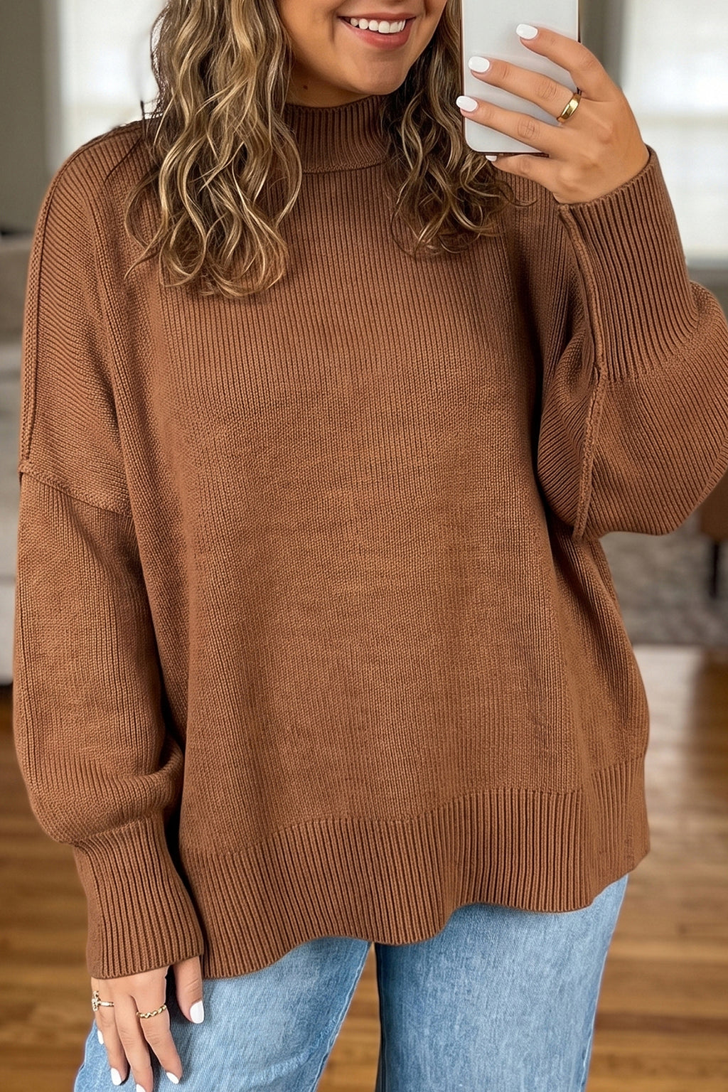Chestnut Oversized Ribbed Knit Long Sleeve Tunic Plus Size Sweater